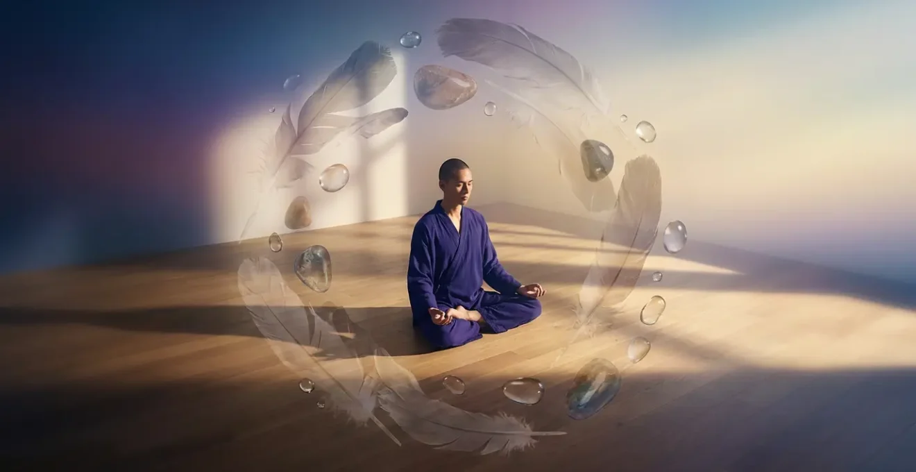 Persona in meditazione circondata da elementi simbolici fluttuanti che rappresentano messaggi dell'inconscio