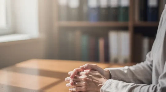 Medium professionista durante una seduta etica con cliente, ambiente sereno e professionale