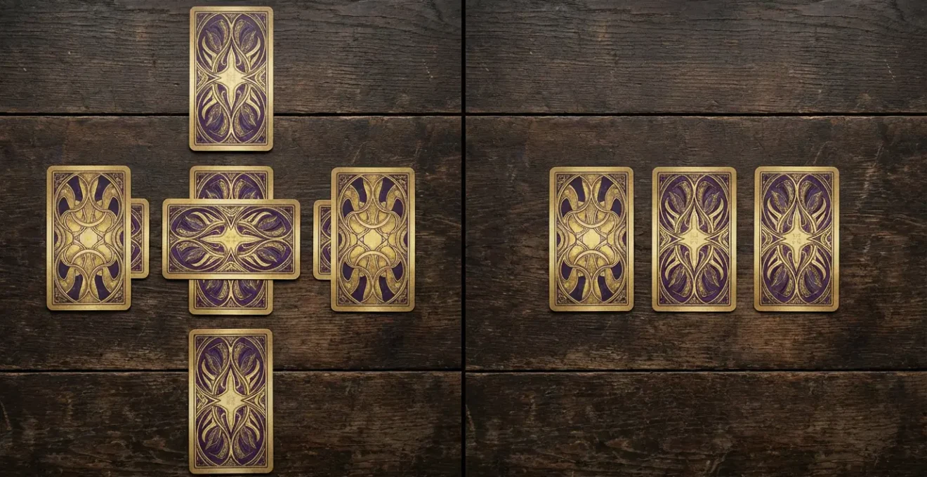 Confronto visivo tra disposizione Croce Celtica e stesa a tre carte sul tavolo