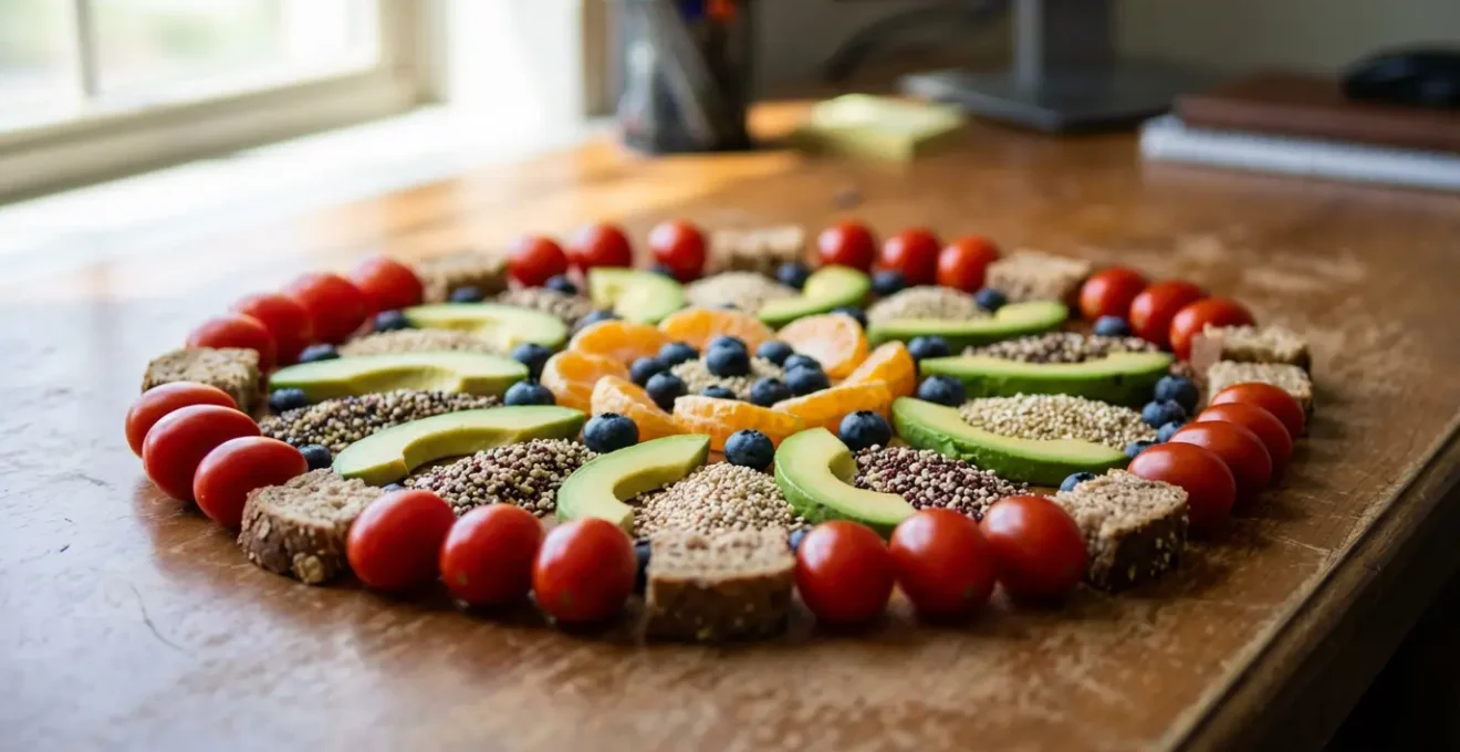Pranzo disposto in forma di mandala su scrivania con vista città
