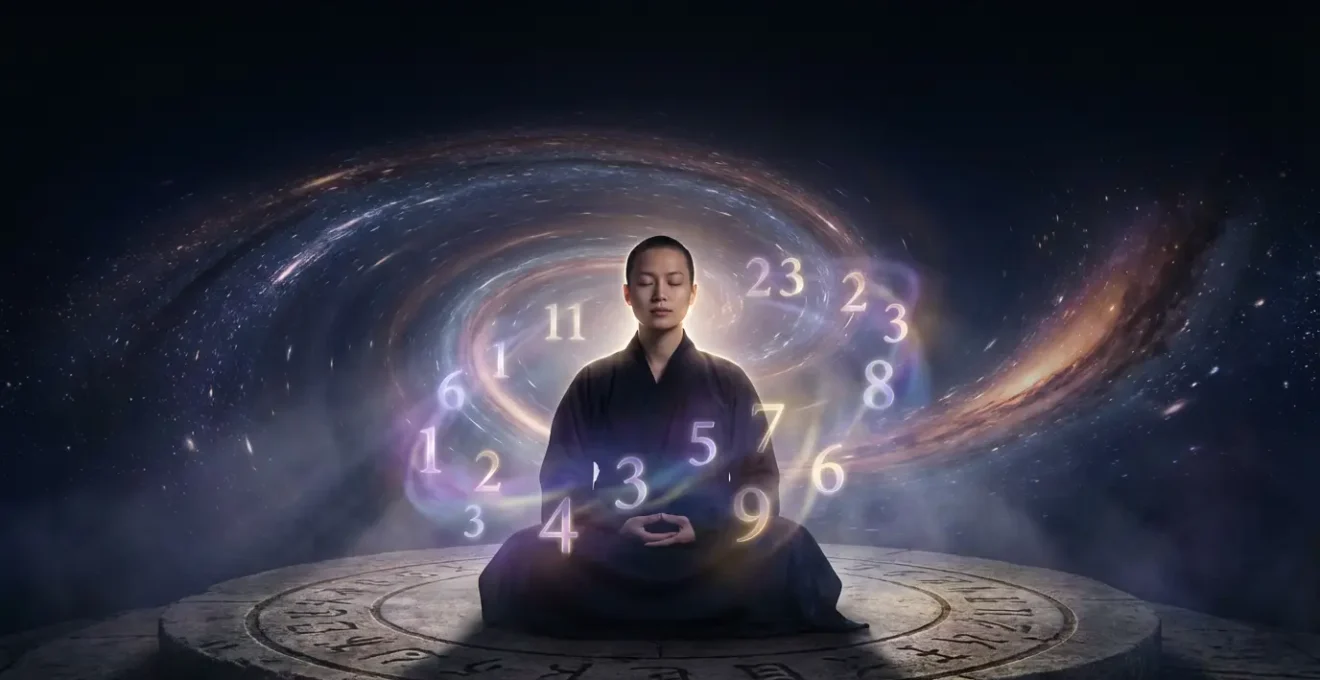 Persona che medita circondata da numeri luminosi e simboli del destino