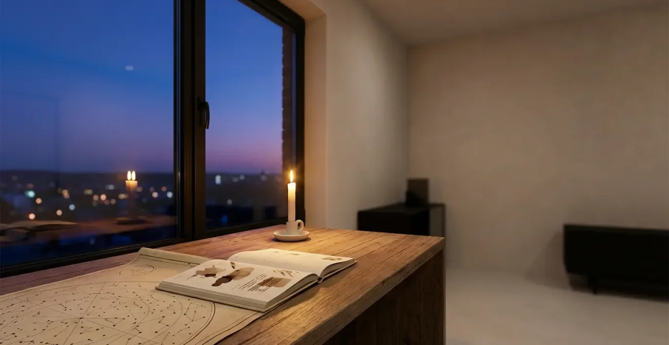 Pianificazione astrologica serale con carta del cielo e agenda illuminata da candela