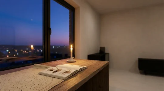 Pianificazione astrologica serale con carta del cielo e agenda illuminata da candela