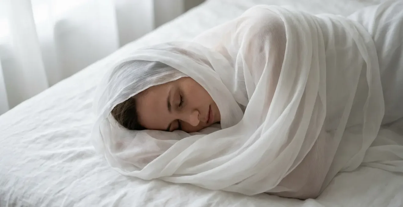 Figura umana immobile avvolta in tessuto fluido che evoca la paralisi del sonno