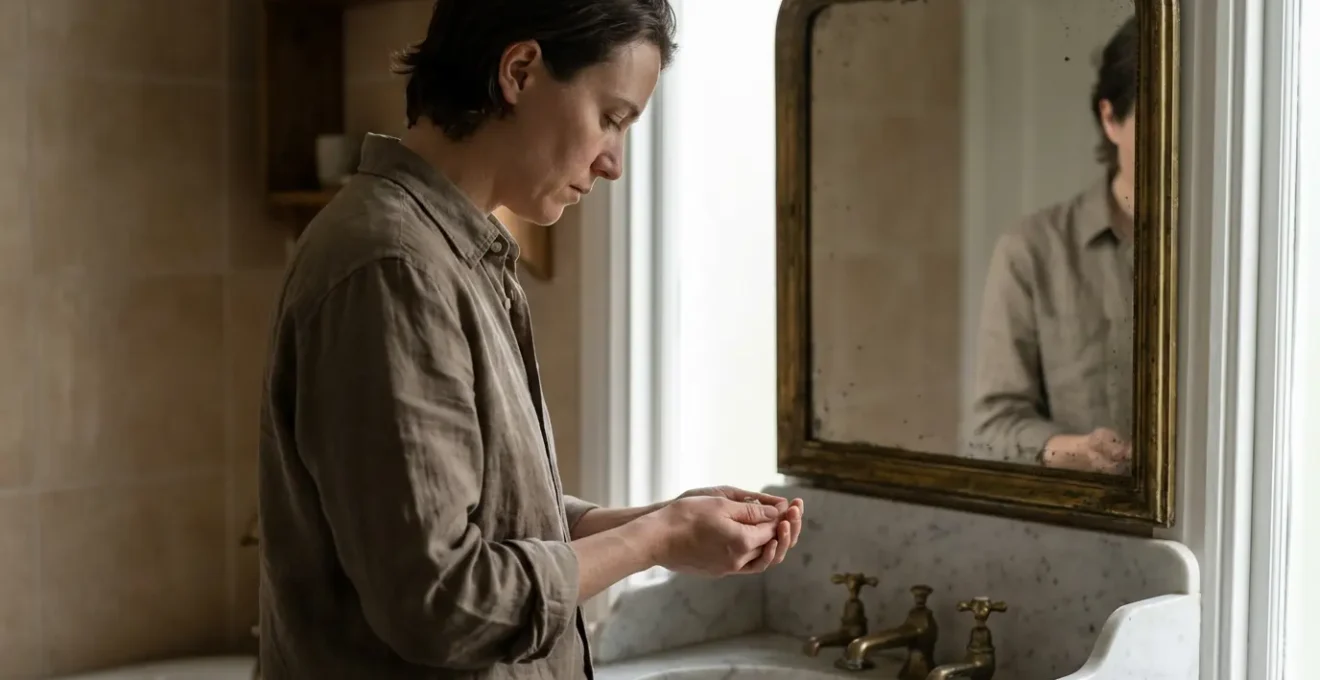 Persona che si guarda allo specchio con espressione di vulnerabilità mentre tiene un dente in mano