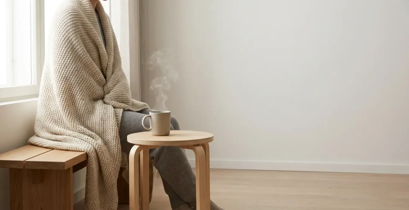 Persona avvolta in coperta pesante in ambiente sereno con tisana fumante sul comodino