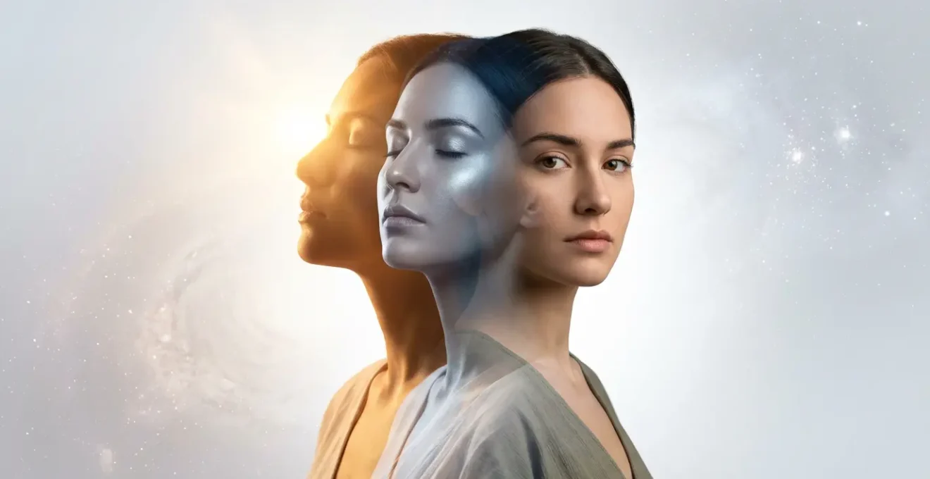 Ritratto artistico con tre volti sovrapposti che rappresentano Sole, Luna e Ascendente