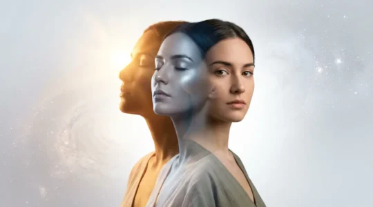 Ritratto artistico con tre volti sovrapposti che rappresentano Sole, Luna e Ascendente