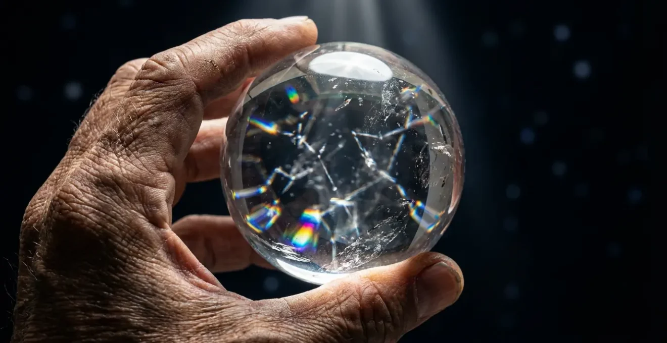 Mano che tiene una sfera di cristallo con costellazioni riflesse all'interno