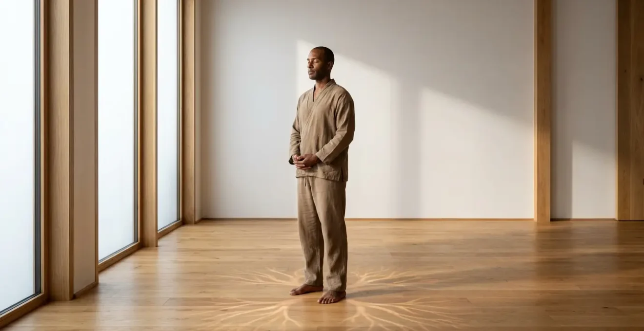 Operatore Reiki in posizione di radicamento con energia che fluisce verso terra