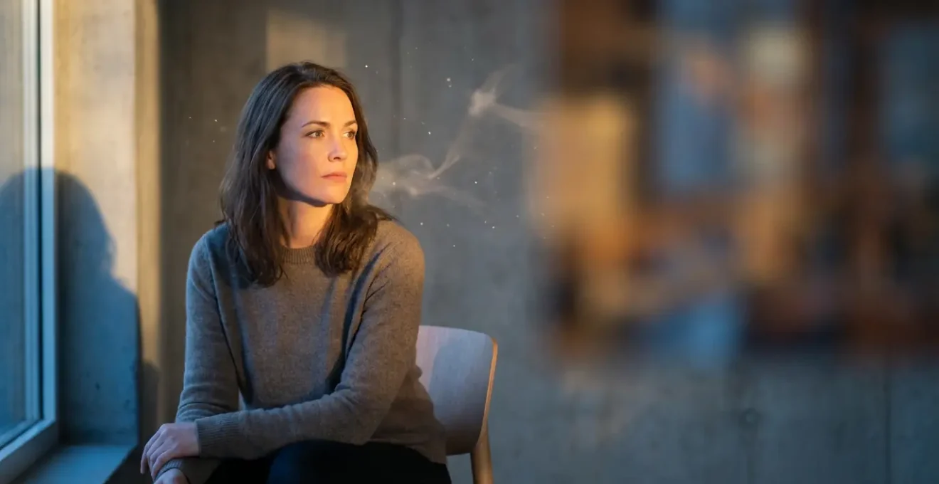 Donna contemplativa con riflessi luminosi che simboleggiano intuizioni e premonizioni