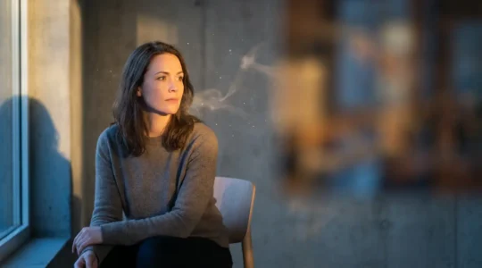 Donna contemplativa con riflessi luminosi che simboleggiano intuizioni e premonizioni