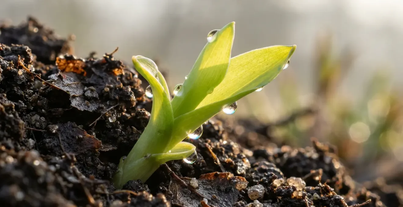 Germoglio che spunta dalla terra in primavera con energia vitale visibile