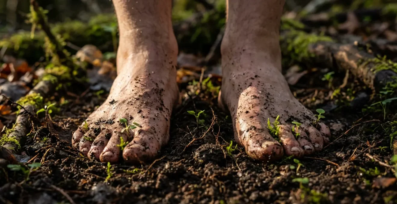 Piedi nudi su terra con radici energetiche che si estendono nel suolo