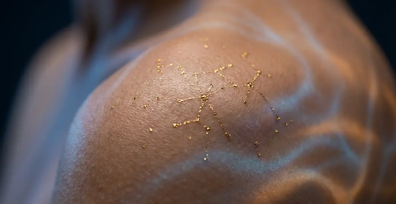 Dettaglio macro della spalla con visualizzazione astratta dei punti energetici Marma