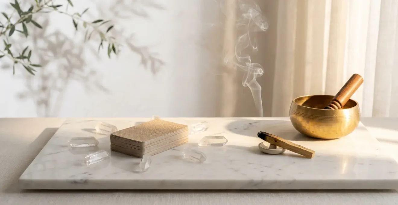 Mazzo di carte oracolo circondato da elementi di purificazione naturale in composizione zen