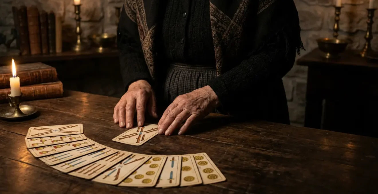 Lettore di tarocchi che contempla carte dei minori di Marsiglia con simboli geometrici puri senza illustrazioni