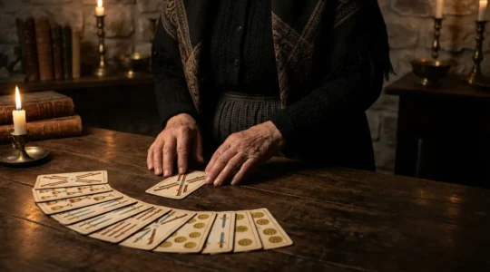 Lettore di tarocchi che contempla carte dei minori di Marsiglia con simboli geometrici puri senza illustrazioni