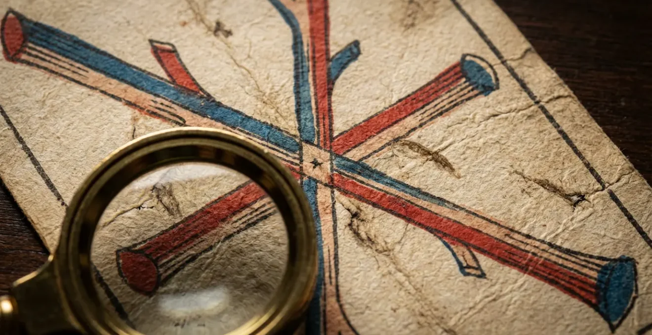 Carta del 4 di Bastoni di Marsiglia con disposizione geometrica dei bastoni vista attraverso una lente d'ingrandimento