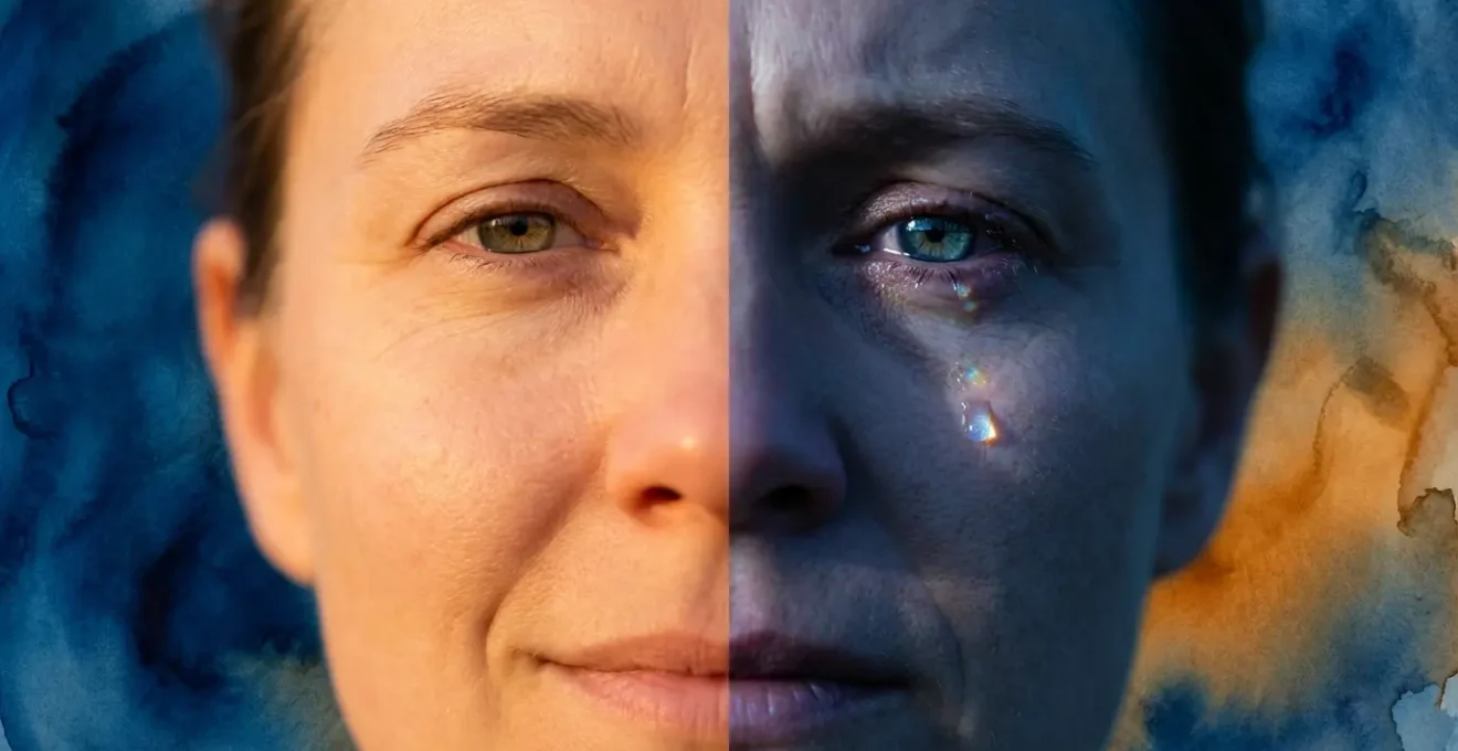 Volto diviso tra calma e tempesta emotiva con simboli lunari