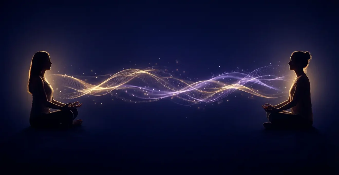 Visualizzazione energetica del Reiki a distanza con onde luminose che connettono due persone meditative