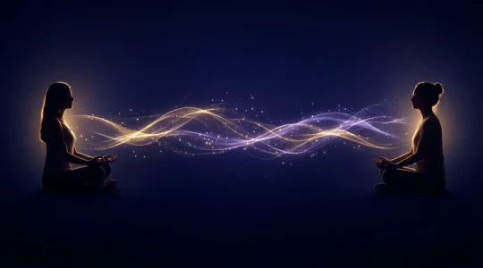 Visualizzazione energetica del Reiki a distanza con onde luminose che connettono due persone meditative