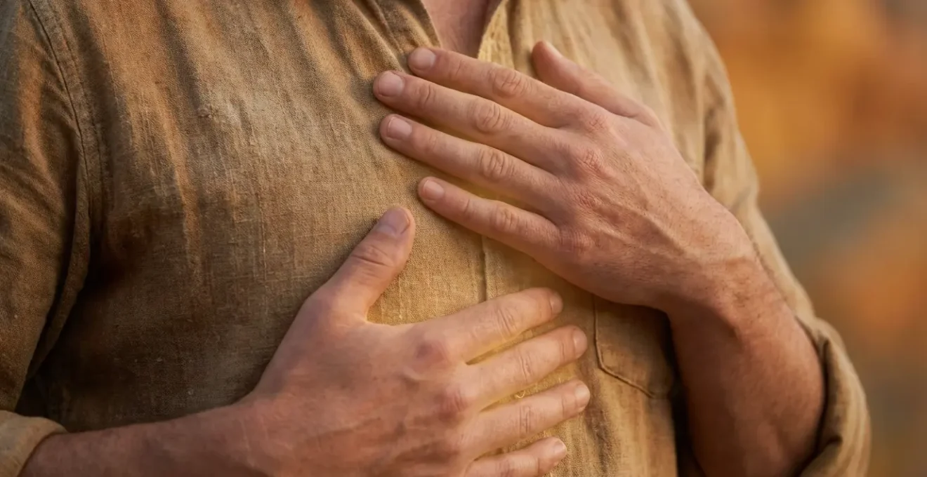 Primo piano di persona con mani sul cuore e plesso solare, energia luminosa che emana dal centro del petto