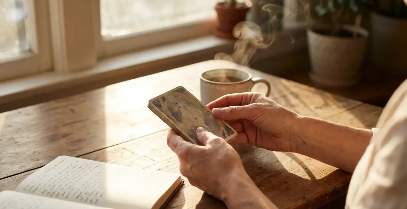 Momento intimo del rituale mattutino con carta oracolo, tazza di tè e diario su tavolo in legno