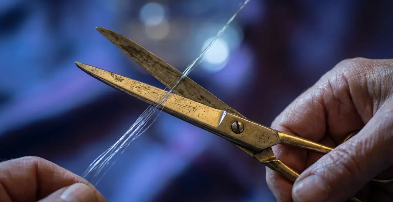 Mani con forbici dorate sotto luce lunare morbida