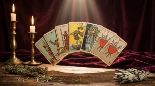 Composizione artistica con carte dei tarocchi Rider-Waite-Smith disposte in semicerchio su un tavolo di legno antico, atmosfera mistica con candele