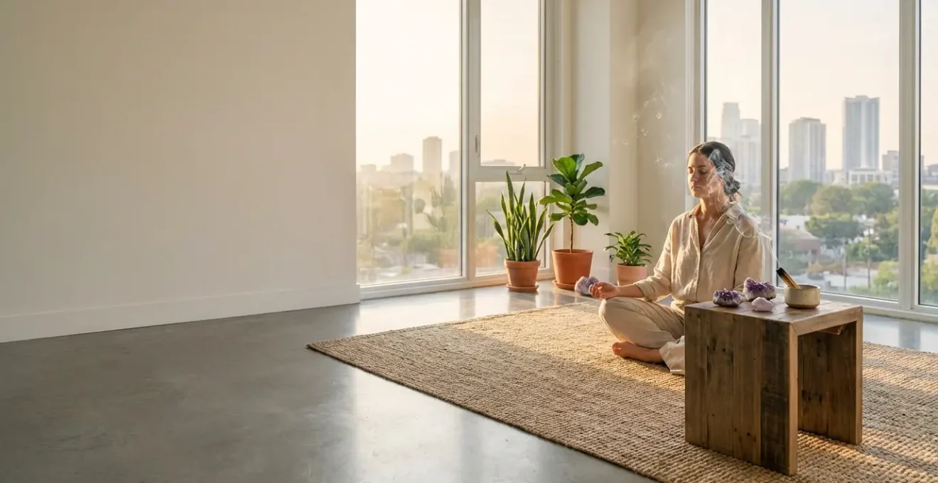 Persona serena che pratica meditazione al mattino con cristalli e incenso