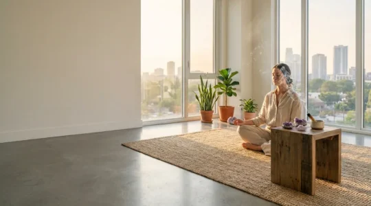 Persona serena che pratica meditazione al mattino con cristalli e incenso