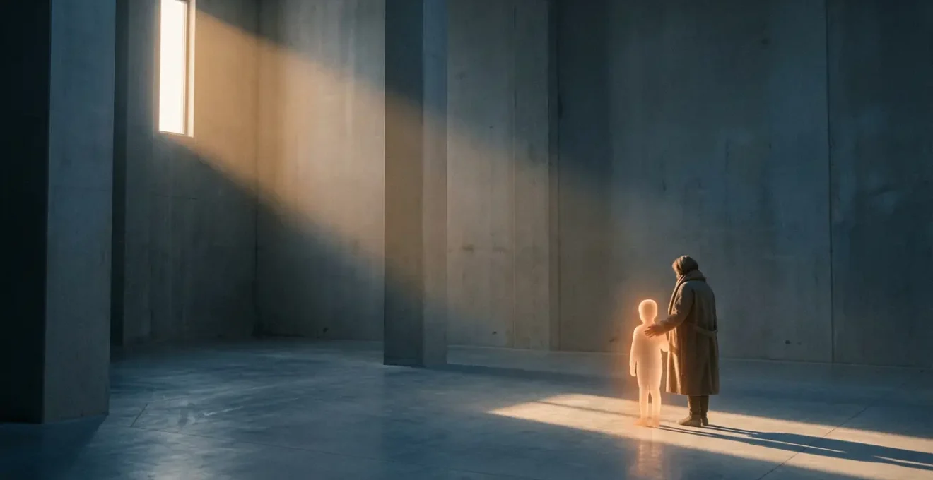 Figura adulta protettiva che abbraccia un bambino luminoso