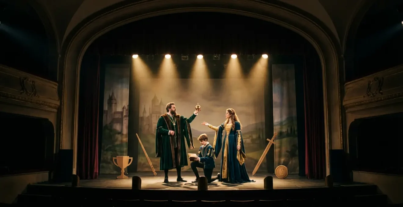 Vista laterale di un palcoscenico teatrale con figure in costume medievale congelate in una scena drammatica, luci teatrali che creano ombre profonde