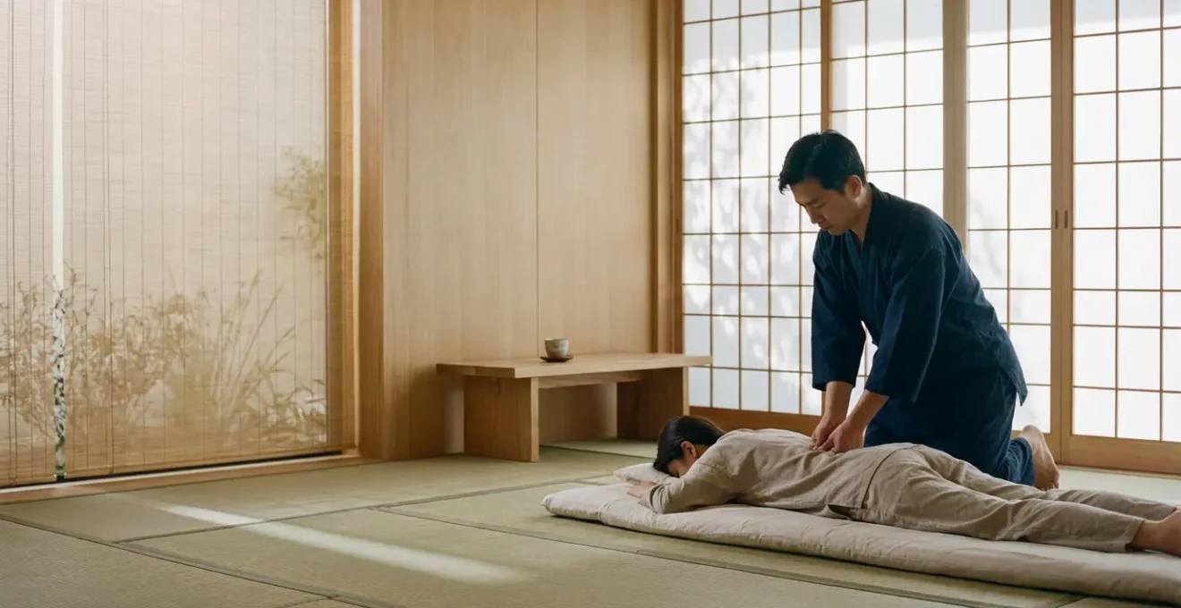 Terapista shiatsu che applica pressione su punti energetici senza oli