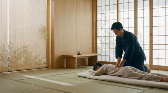 Terapista shiatsu che applica pressione su punti energetici senza oli