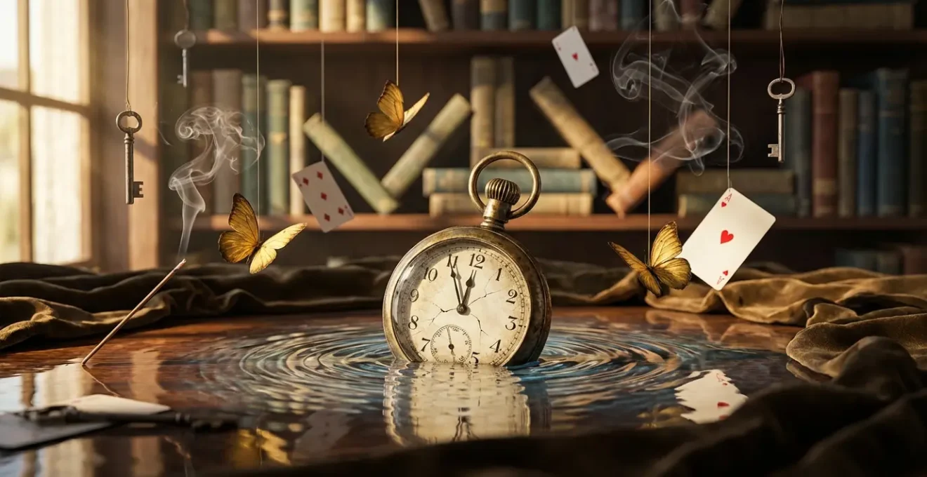 Composizione onirica che rappresenta sincronicità e coincidenze significative attraverso elementi simbolici interconnessi