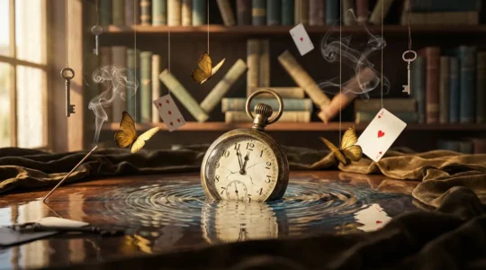 Composizione onirica che rappresenta sincronicità e coincidenze significative attraverso elementi simbolici interconnessi