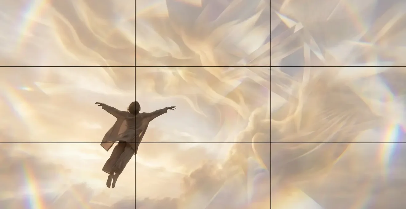 Persona che vola consapevolmente in un paesaggio onirico surreale