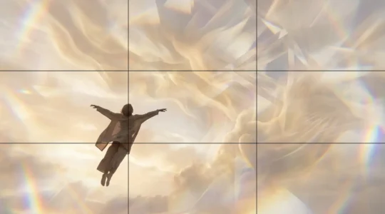 Persona che vola consapevolmente in un paesaggio onirico surreale