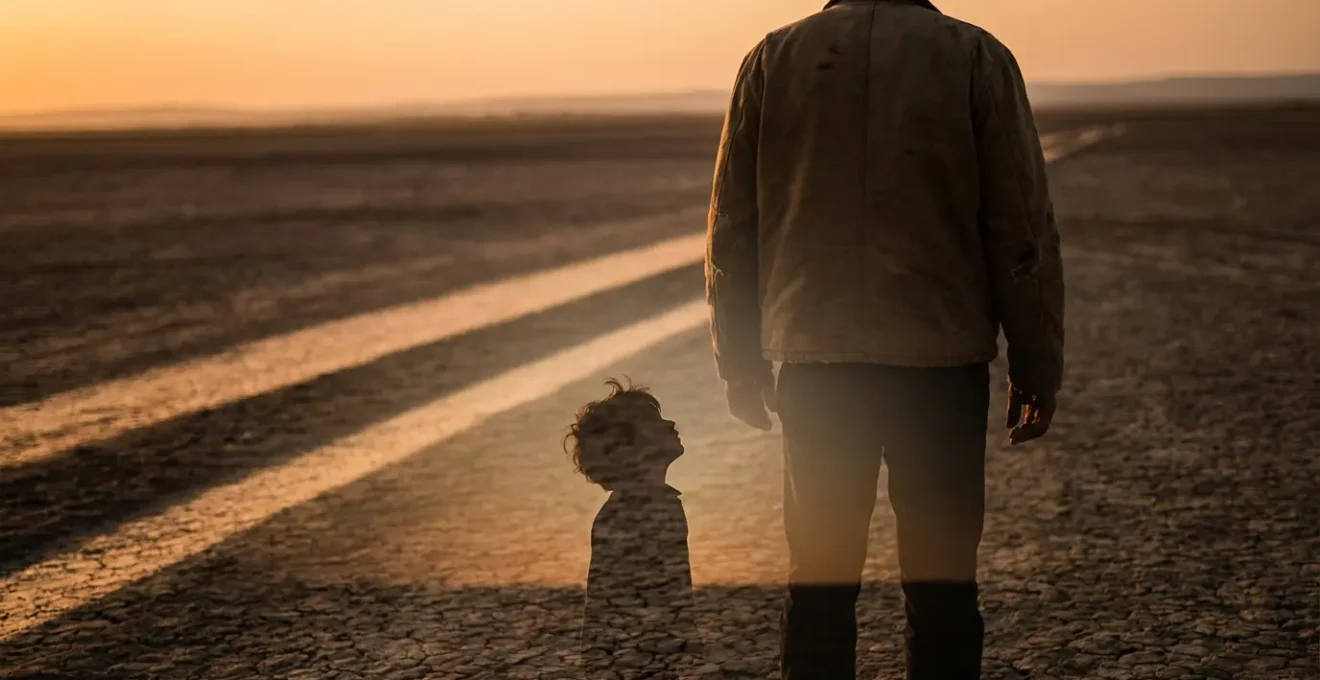Silhouette di adulto e bambino con gioco di luci e ombre che rappresenta l'eredità psicologica paterna