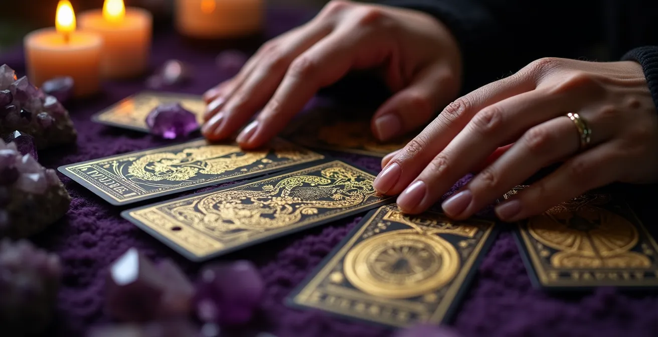 Mani che dispongono carte tarocchi su tavolo con cristalli e candele