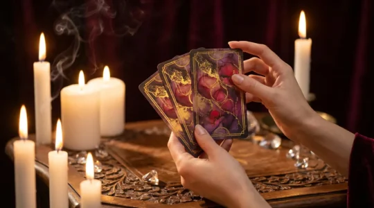 Mani femminili che tengono carte dei tarocchi illuminate da candele in un'atmosfera mistica