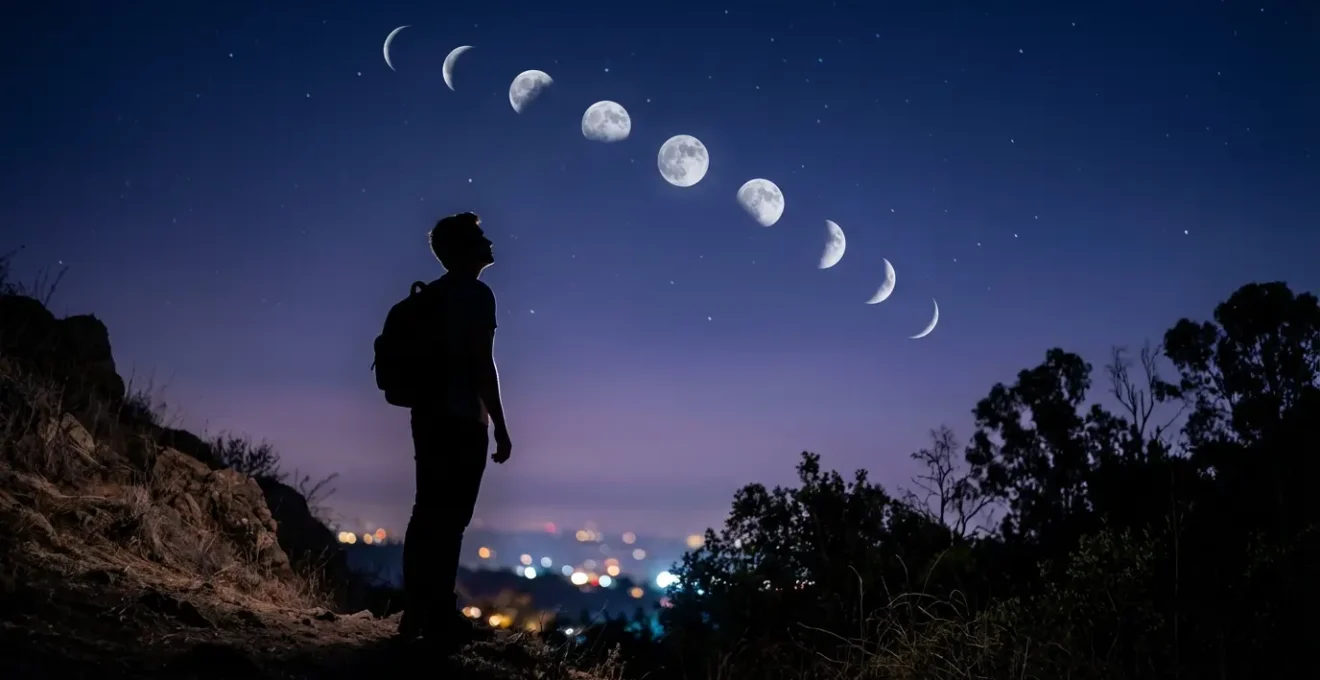 Fasi lunari in sequenza sopra un paesaggio notturno che si trasforma gradualmente