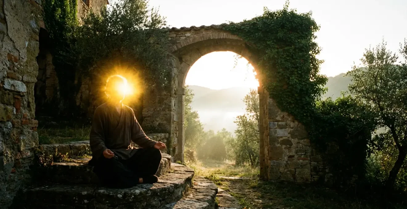 Persona meditante che trasforma energia oscura in luce dorata attraverso la crescita spirituale
