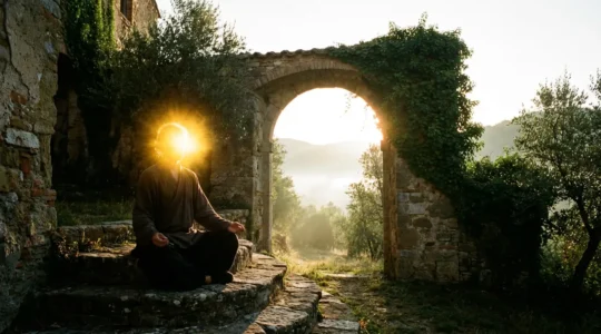 Persona meditante che trasforma energia oscura in luce dorata attraverso la crescita spirituale