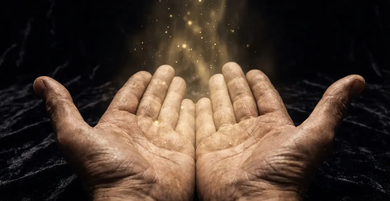 Due mani aperte che offrono luce dorata invece di afferrare