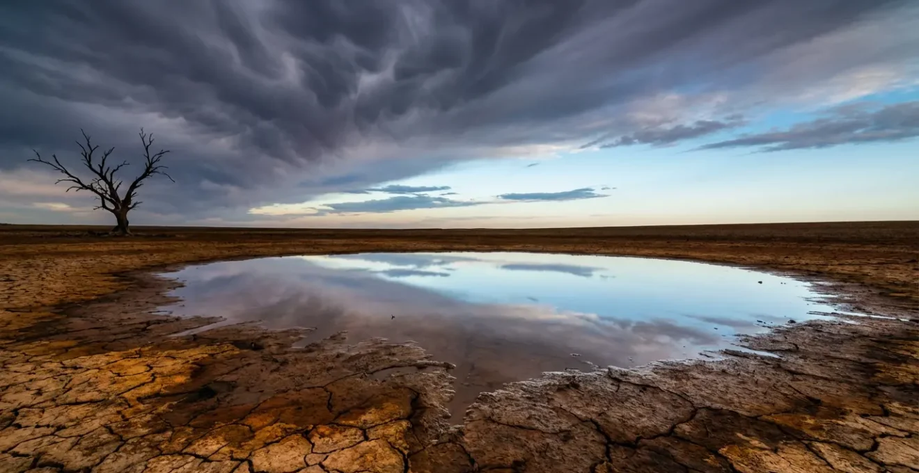 Paesaggio onirico con elementi naturali in trasformazione che rappresentano stati emotivi interni