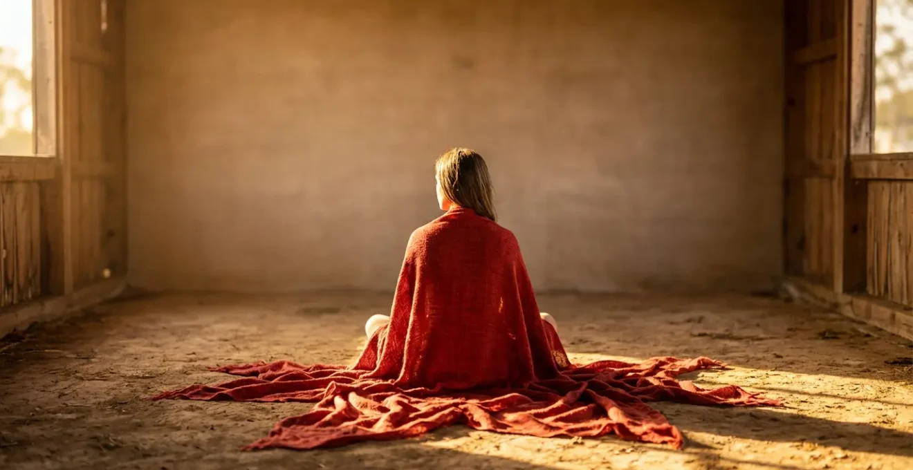 Persona che medita indossando un tessuto rosso con radici energetiche