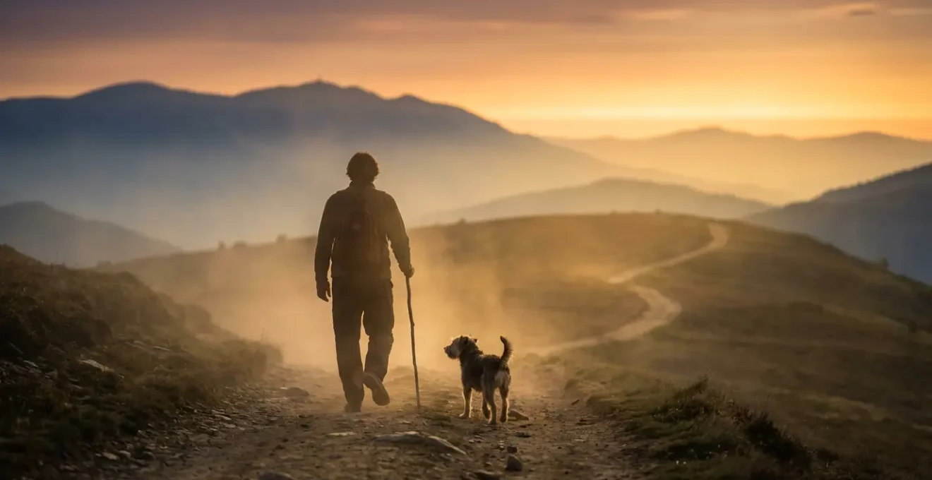 Figura solitaria con zaino che cammina su un sentiero di montagna verso l'orizzonte dorato